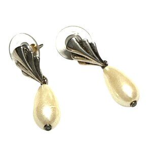 Marvella Vintage Pierced Earrings Faux Pearl Teardrop Silver Tone Classic Style